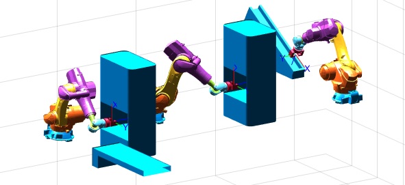 Simulación del espacio de tarea con tres robots 6 GDL y estaciones de transferencia
